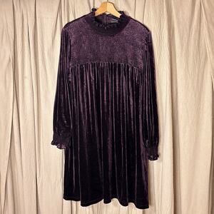 Maison Tara Purple Velvet Smocked Babydoll Dress Ruffle Neck Medium Victorian